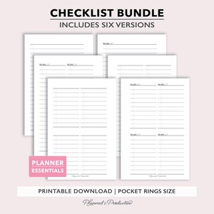 To Do and Checklist Planner Inserts in 6 layouts, Printable PDF files for Pocket Rings Size (A7) planners (Digital Download)