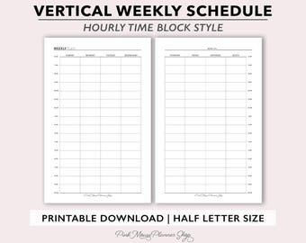 Two Page Weekly Planner Printable, Time Block Planner Insert, Half Letter Size Hourly Schedule, Timed Vertical Weekly Calendar Template PDF