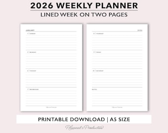 2026 Lined Weekly Planner Printable, 2 Page Weekly Planner Template, Weekly Calendar for A5 Binders, A5 Week on 2 Pages Ruled Agenda Refill