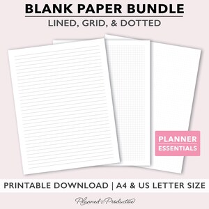 Printable Lined Paper, Printable Dot Grid Paper, Graph Paper Page, Note Paper Planner Inserts, Grid Paper Instant Download, Journaling