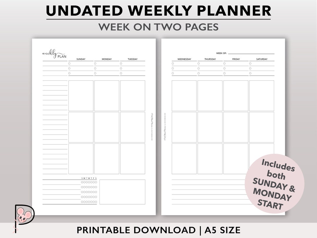 Undated Weekly Planner Printable, Vertical Week on 2 Page Layout, WO2P ...