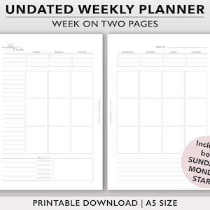Undated Weekly Planner Printable, Vertical Week on 2 Page Layout, WO2P Planner Inserts, Weekly Agenda Refill, Downloadable Planner Pages