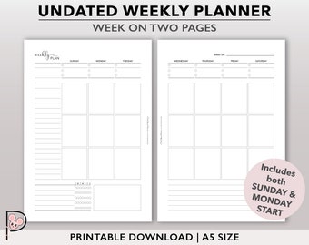 Undated Weekly Planner Printable, Vertical Week on 2 Page Layout, WO2P Planner Inserts, Weekly Agenda Refill, Downloadable Planner Pages