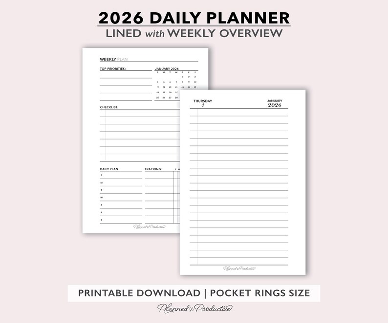 2026 Daily Planner Printable Inserts W/ Weekly Overview, Pocket Rings ...