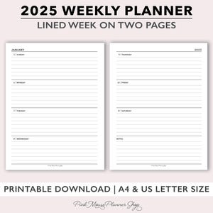 Planificador semanal forrado 2025 imprimible, plantilla de planificador semanal 2025, calendario semanal para papel de carta, semana minimalista A4 en agenda de 2 páginas