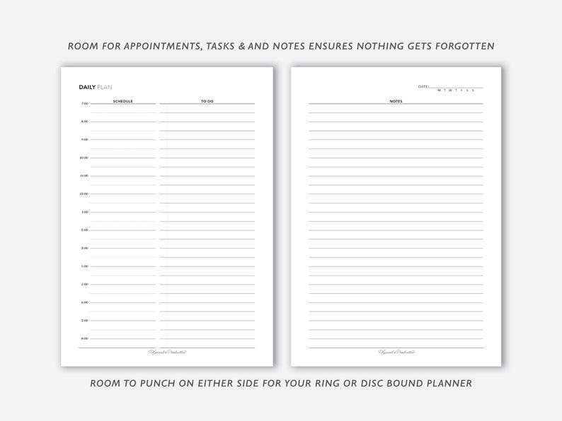 May include: Two white planner pages with black text. The left page is a daily plan with schedule and to-do sections. The right page is lined for notes. Text at the top reads, "ROOM FOR APPOINTMENTS, TASKS & AND NOTES ENSURES NOTHING GETS FORGOTTEN."