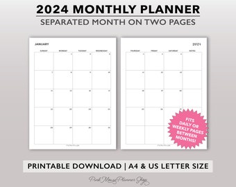 2024 Printable Monthly Planner Inserts, Full Size Monthly Calendar Template, Two Page Monthly Planner Insert for US Letter & A4 Planners PDF