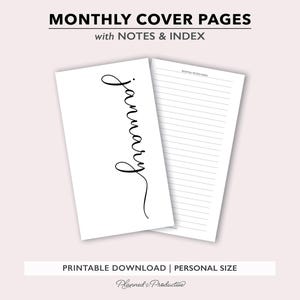 Peut inclure: Deux pages de planificateur imprimables blanches. L'une porte le mot "janvier" en cursive. L'autre page contient du papier ligné pour les notes. Le texte "MONTHLY COVER PAGES with NOTES & INDEX" est en haut.