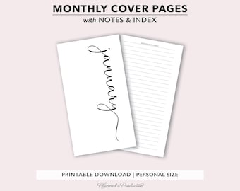 Elegant Script Monthly Cover Pages with Monthly Index, Printable PDF files for Personal Size planners, Digital Download