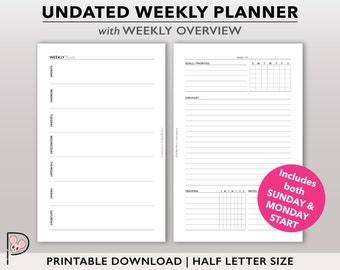 Agenda hebdomadaire imprimable, hors-texte non daté, recharge d'agenda hebdomadaire, organiseur hebdomadaire horizontal 2 pages demi-taille avec aperçu de la semaine