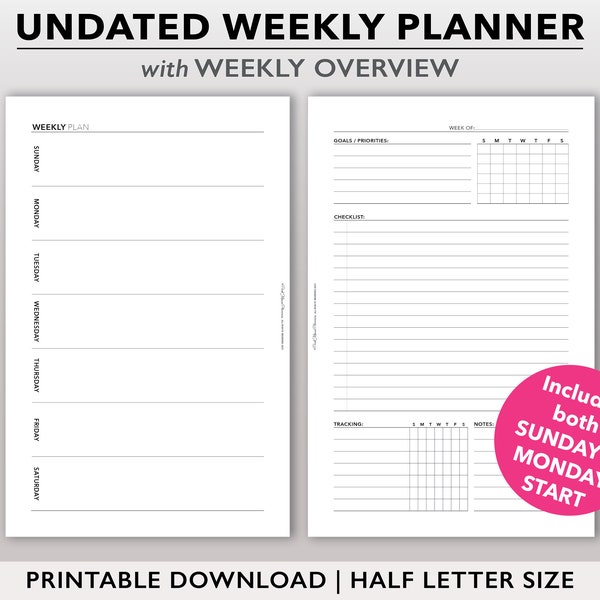 Weekly Planner Printable, Undated Weekly Insert, Weekly Agenda Refill, Half Size 2 Page Horizontal Weekly Organizer with Weekly Overview