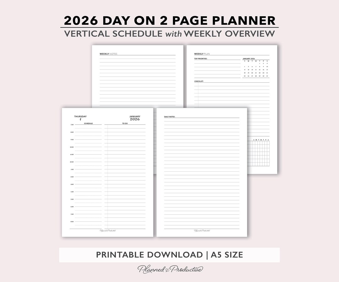 2026 Two Page per Day Daily Planner Printable W/ Weekly Dashboard ...