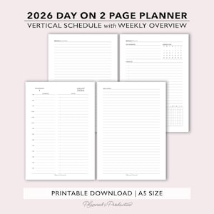 Planificador diario imprimible de dos páginas por día 2026 con panel semanal y notas, inserto de planificador de 2 páginas, tamaño A5, planificador diario con fecha Do2P