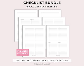 Blank To Do and Checklists, Use as Grocery List, Master Task List, and more. Printable PDF files for A4 | A5 | Letter & Half Size planners