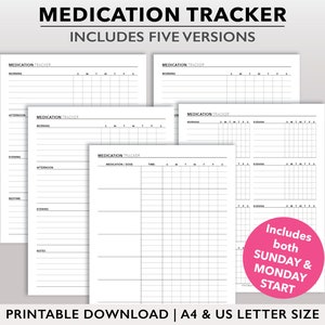 印刷可能な投薬トラッカー、投薬チャート テンプレート、A4 | レター サイズの投薬トラッカー シート、投薬ログ、投薬スケジュール ページ PDF