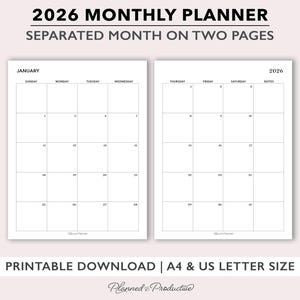 May include: A white 2026 monthly planner with a separated month on two pages. The planner includes a calendar grid for January, with the text "PRINTABLE DOWNLOAD | A4 & US LETTER SIZE" at the bottom.