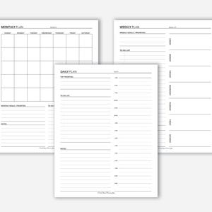 May include: Three printable planner pages: a monthly calendar, a weekly planner, and a daily planner. Each page has a simple black and white design with lines for writing.