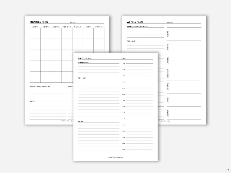 May include: Three printable planner pages: a monthly calendar, a weekly planner, and a daily planner. Each page has a simple black and white design with lines for writing.