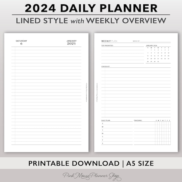 2024 Lined Daily Planner Inserts w/ Weekly Overview, Dated Day per Page Printable Planner, DO1P Planner Page, Mid-Year Daily Agenda PDF