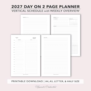 Dagplanner 2027 op twee pagina's met weekoverzicht en notities, printbare PDF-bestanden voor A4 | A5 | Letter & Half-formaat