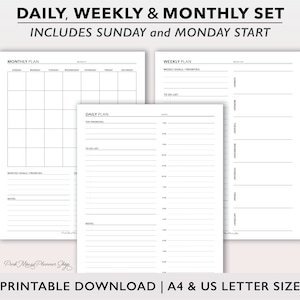 May include: Printable daily, weekly, and monthly planner set in black and white. The set includes a monthly calendar, a weekly planner, and a daily planner. The planners are designed to start on Sunday and include space for goals, priorities, to-do lists, and notes.
