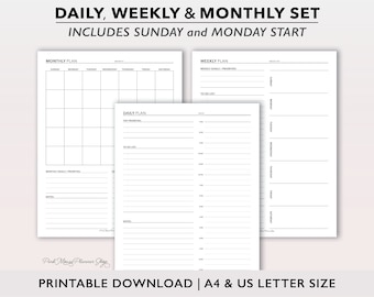 Daily Planner Insert, Weekly Planner Page, Undated Monthly Planner, Printable Planner Bundle, A4 / Letter Size, Full Size Planner Template