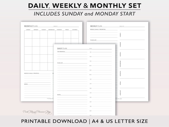 Daily Planner Insert, Weekly Planner Page, Undated Monthly Planner, Printable Planner Bundle, A4 / Letter Size, Full Size Planner Template
