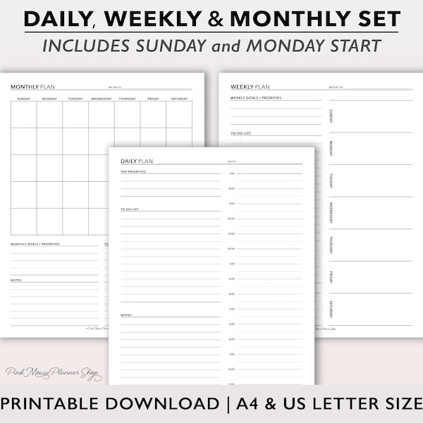 Daily Planner Insert, Weekly Planner Page, Undated Monthly Planner, Printable Planner Bundle, A4 / Letter Size, Full Size Planner Template