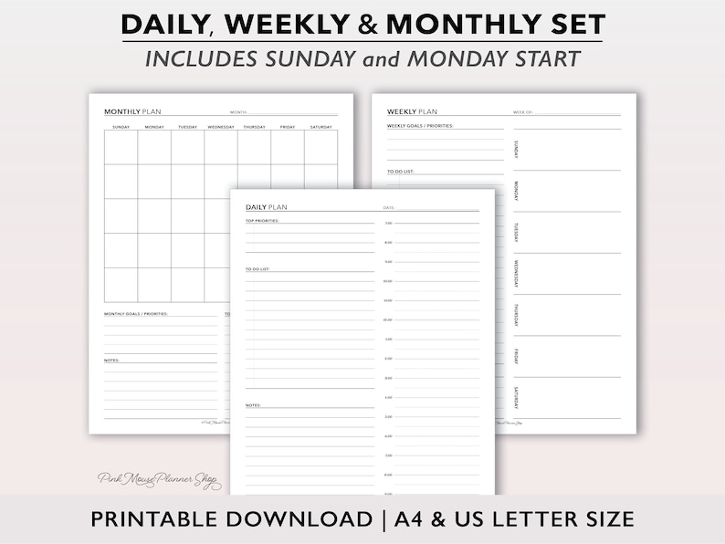 May include: Printable daily, weekly, and monthly planner set in black and white. The set includes a monthly calendar, a weekly planner, and a daily planner. The planners are designed to start on Sunday and include space for goals, priorities, to-do lists, and notes.