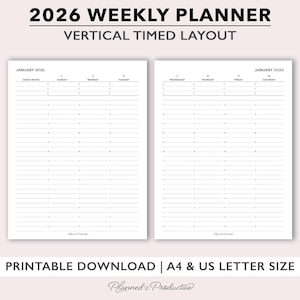 Puede incluir: Un planificador semanal imprimible de 2026 con un diseño vertical cronometrado. El planificador incluye secciones para tareas y notas, con los días de la semana en la parte superior. También se ve el texto "PRINTABLE DOWNLOAD | A4 & US LETTER SIZE".
