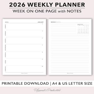 May include: A printable 2026 weekly planner with a week-on-one-page layout. The planner includes space for notes and a calendar for January 2026. The design is simple, with black text on a white background. The planner is available in A4 and US Letter sizes.