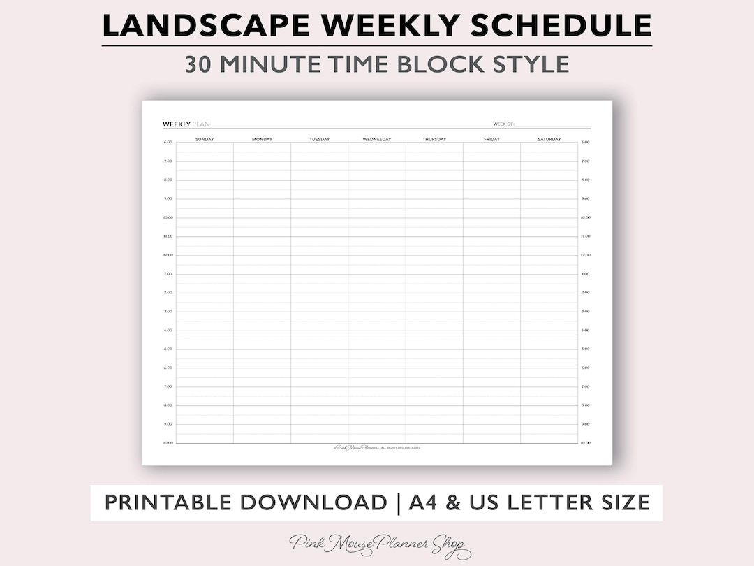 30 Minute Weekly Schedule Printable, Time Block Planner Insert, Hourly ...