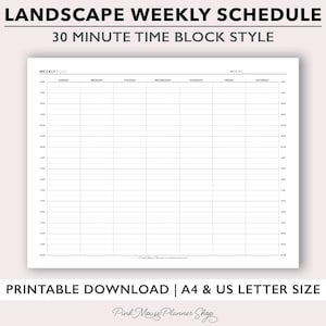 30 Minute Weekly Schedule Printable, Time Block Planner Insert, Hourly Planner Page, Vertical Weekly Calendar in Landscape, Weekly Agenda
