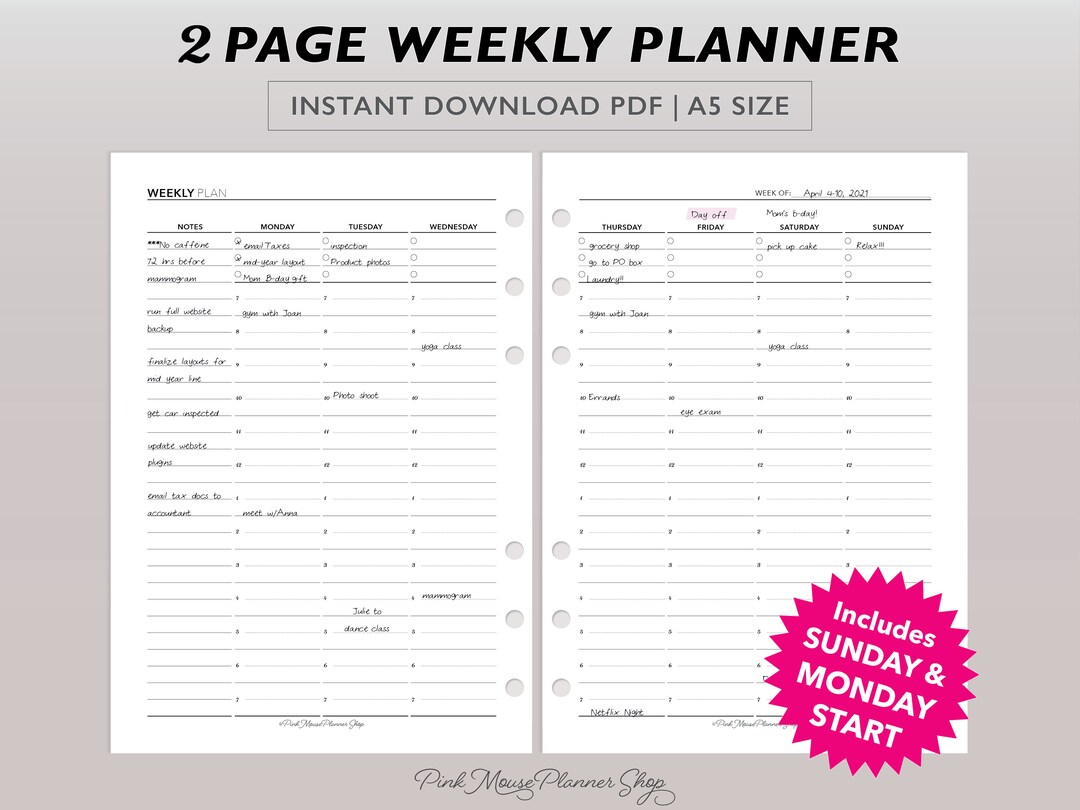A5 Weekly Planner Printable, Vertical Weekly Planner Template, Weekly ...
