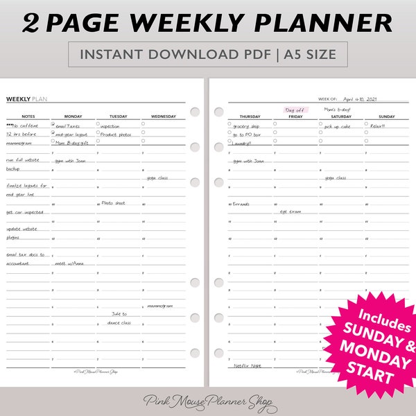 A5 Weekly Planner Printable, Vertical Weekly Planner Template, Weekly Calendar Insert, 2 Page Appointment Schedule, Productivity Planner PDF