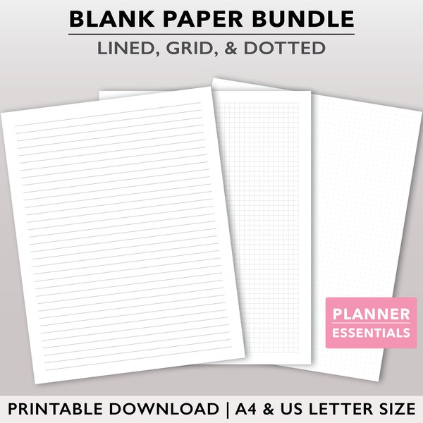 Printable Lined Paper, Printable Dot Grid Paper, Graph Paper Page, Note Paper Planner Inserts, Grid Paper Instant Download, Journaling