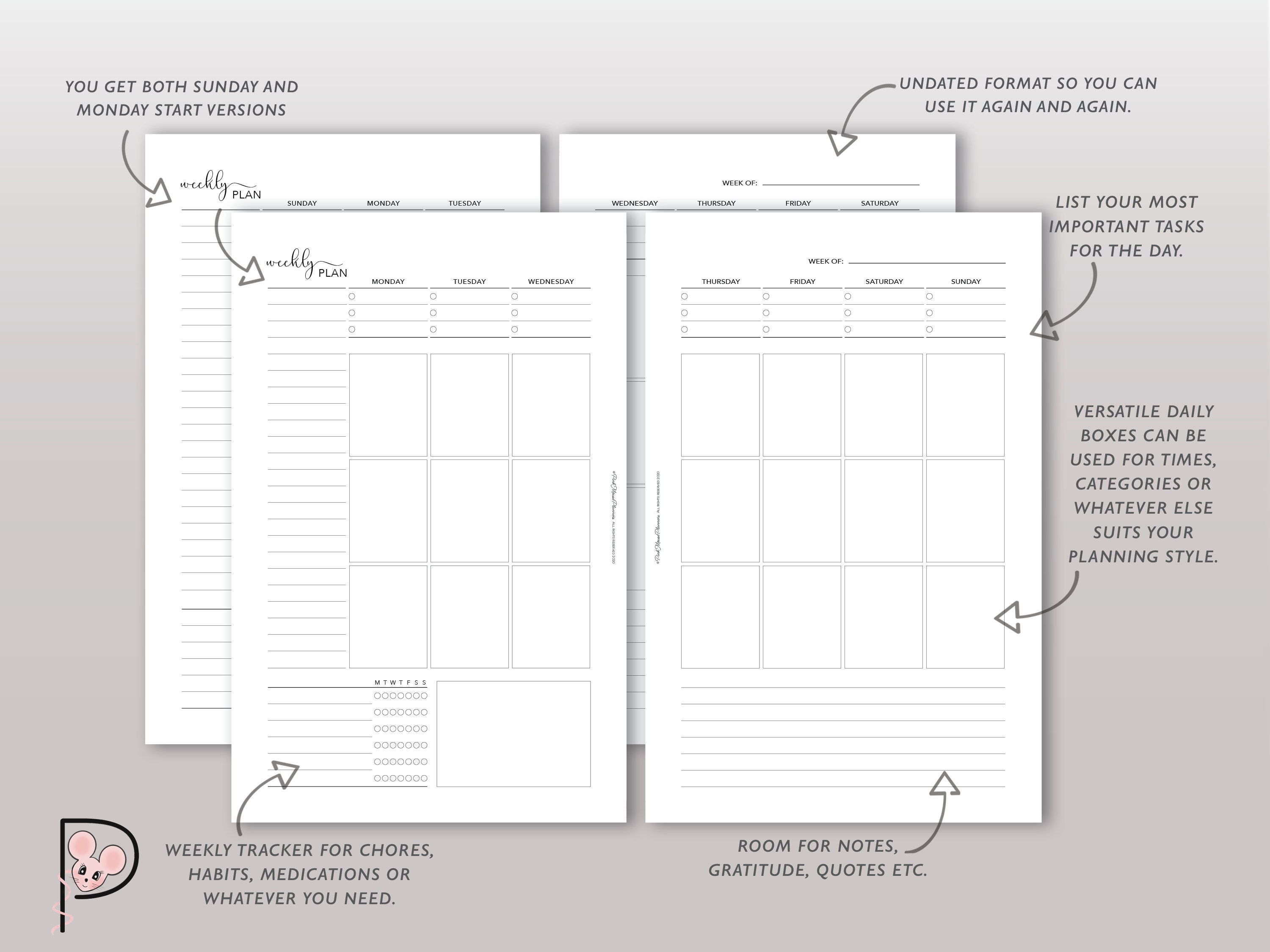 Undated Weekly Planner Printable, Vertical Week on 2 Page Layout, WO2P ...