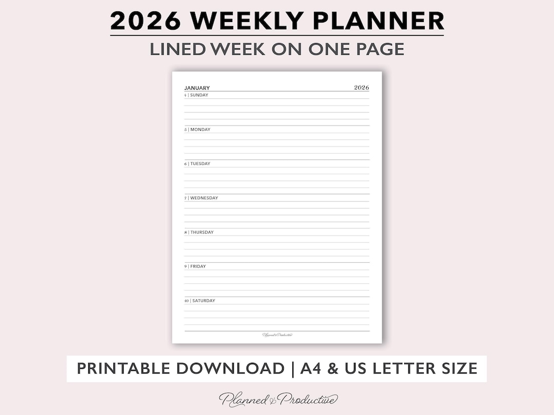 2026 Weekly Planner Printable, Lined Week on 1 Page Dated Agenda for A4 ...