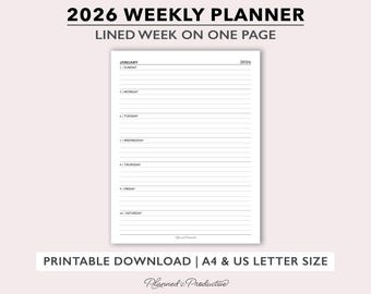 2026 Weekly Planner Printable, Lined Week on 1 Page Dated Agenda for A4 & Letter Size, Horizontal Weekly Schedule Insert for Discs or Rings