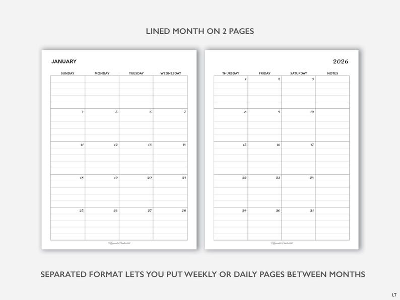 2026 Printable Lined Monthly Planner Inserts, Full Size Monthly ...
