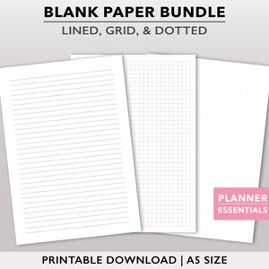 Printable Lined Paper, Printable Dot Grid Paper, Graph Paper Page, Note Paper Planner Inserts, Grid Paper Instant Download, for Journal