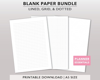 Printable Lined Paper, Printable Dot Grid Paper, Graph Paper Page, Note Paper Planner Inserts, Grid Paper Instant Download, for Journal