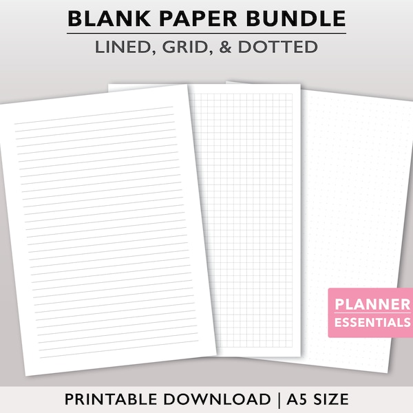 Printable Lined Paper, Printable Dot Grid Paper, Graph Paper Page, Note Paper Planner Inserts, Grid Paper Instant Download, for Journal