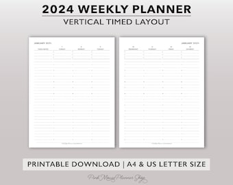 2024 Weekly Planner Printable, Timed Weekly Planner Insert, Letter Size Vertical Week on 2 Page Planner Template, A4 Timed Weekly Schedule