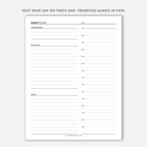 May include: A black and white printable daily planner with sections for "Daily Plan", "Top Priorities", "To Do List", "Notes", and "Date".