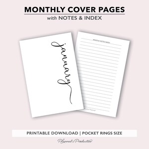 Elegant Script Monthly Cover Pages, Printable PDF files for Pocket Rings Size Planners, Digital Download