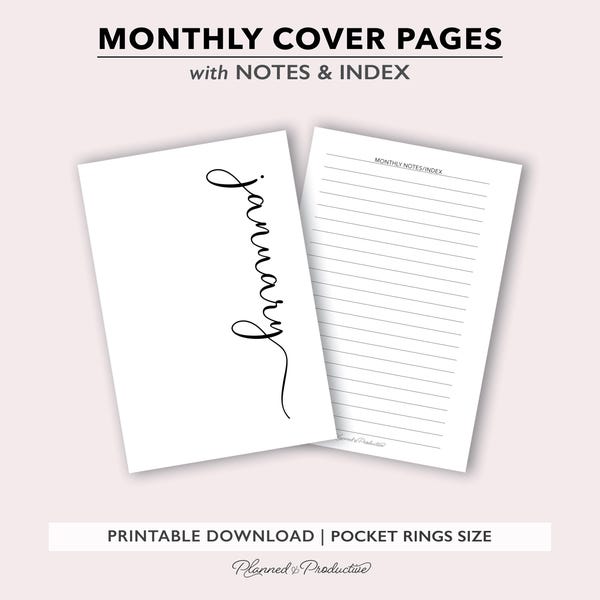 Elegant Script Monthly Cover Pages, Printable PDF files for Pocket Rings Size Planners, Digital Download