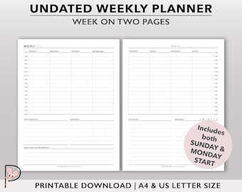 Weekly Planner Printable, Hourly Planner Insert, 2 Page Vertical Weekly Schedule, Weekly Time Block Planner Page, Week on Two Pages Agenda