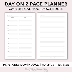 Planificador diario imprimible de dos páginas por día, inserto de planificador de tamaño medio en 2 páginas, plantilla de planificador diario sin fecha, calendario de citas en formato PDF