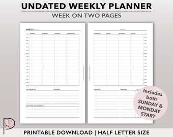 May include: A printable weekly planner template with two pages. The first page includes space for Sunday, Monday, Tuesday, Wednesday, and a section for top priorities, expenses, and gratitude/achievements. The second page includes space for Thursday, Friday, Saturday, and notes. The planner is designed for a week on two pages and includes both Sunday and Monday start options.